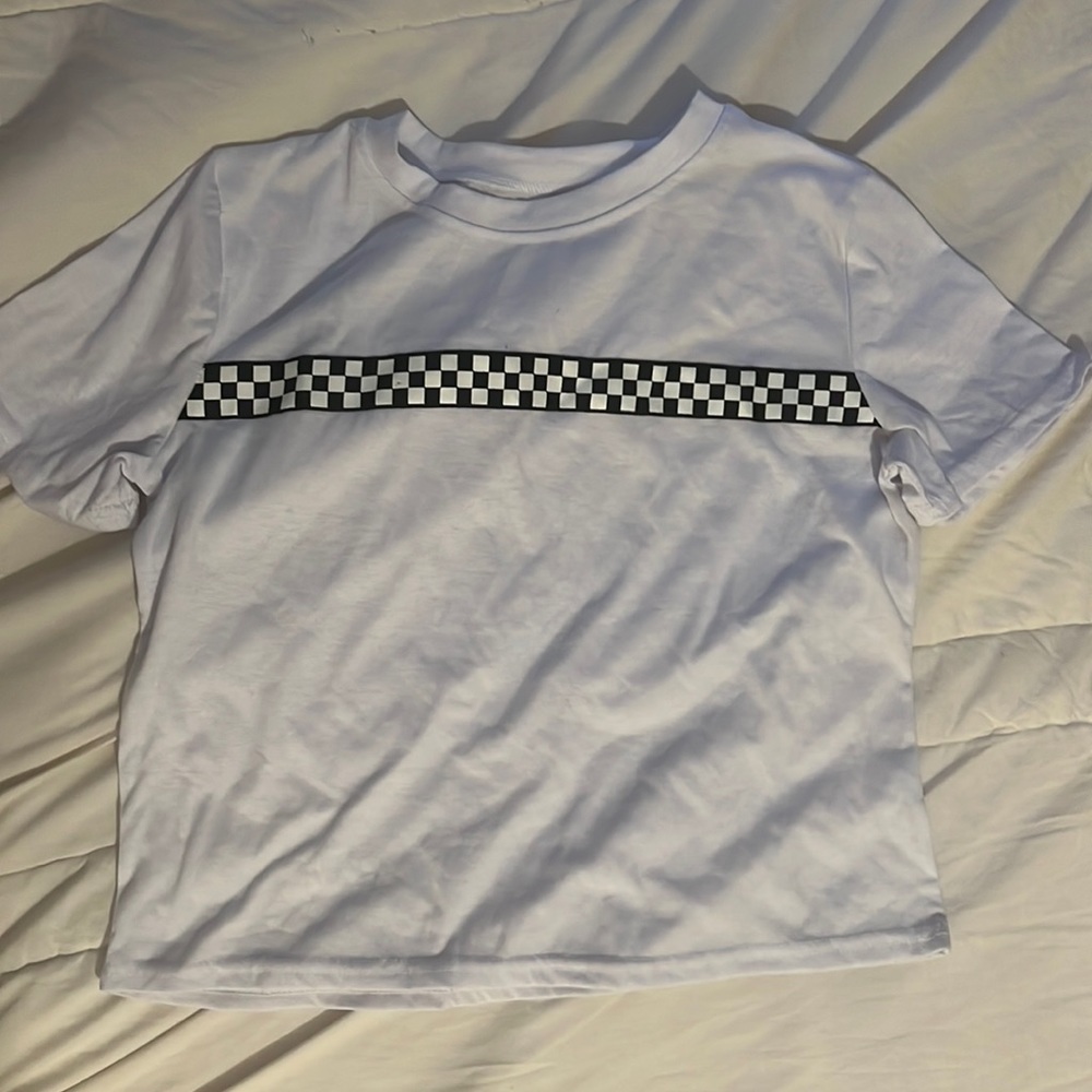 white checker stripe cropped tee